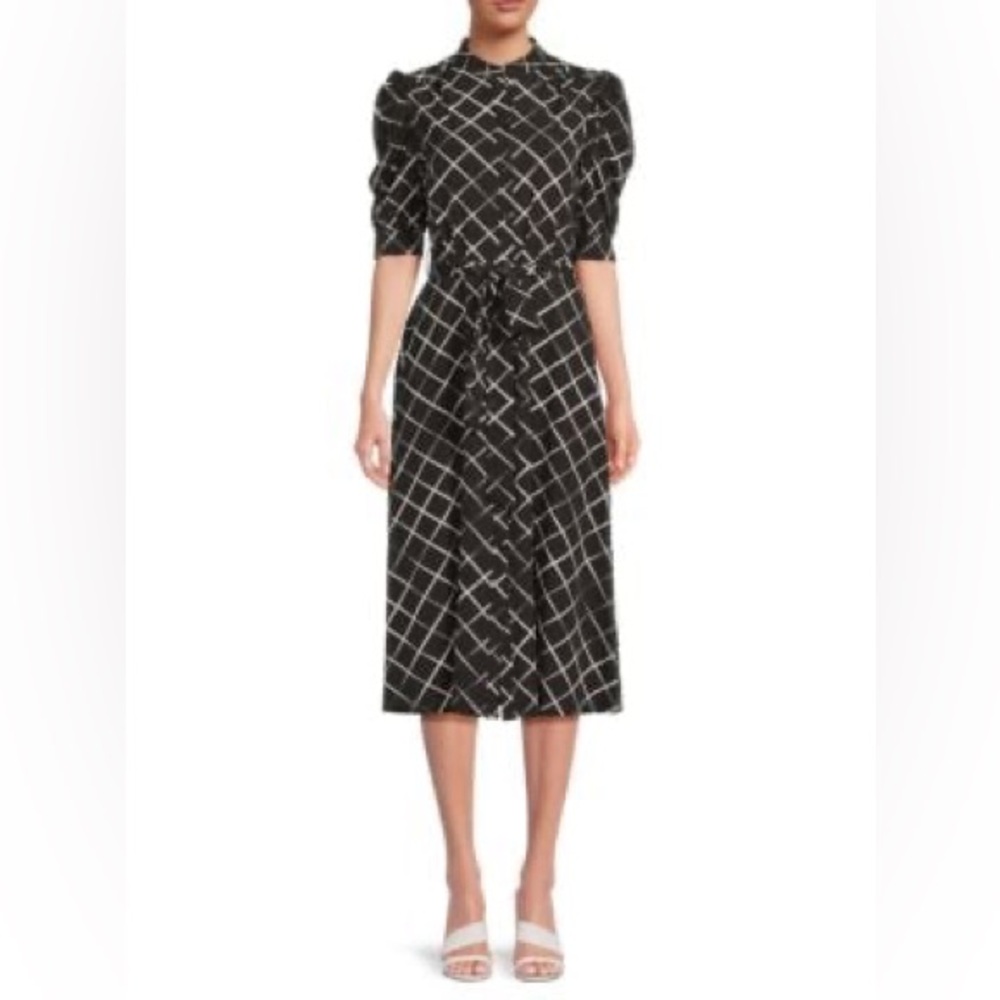 DKNY Printed Button-Front Puff-Sleeve Midi-Dress